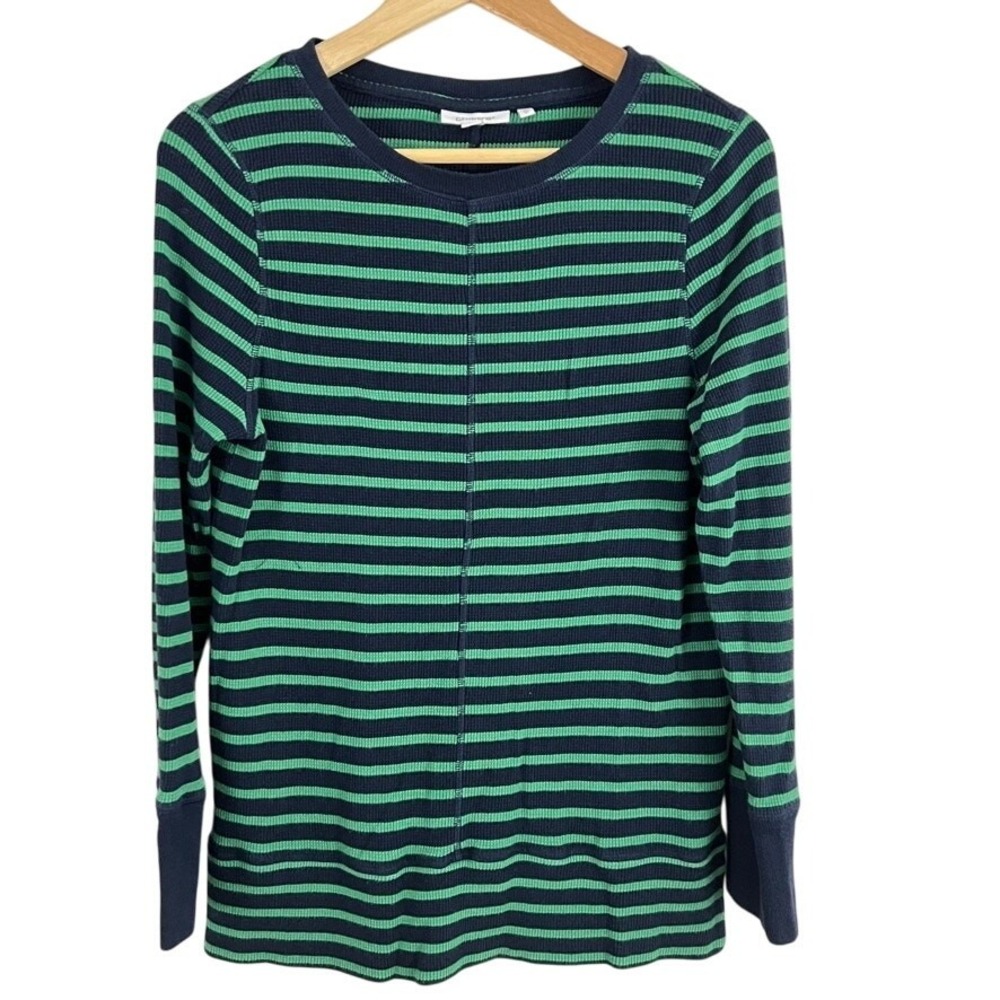 Chicos Stripe Waffle Knit Thermal Shirt Green Blue Women Size 1 Medium